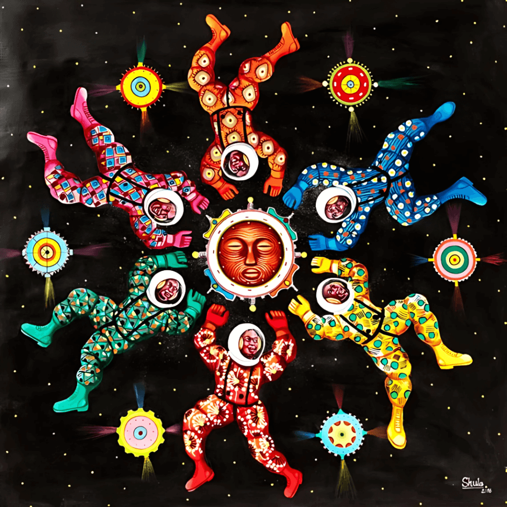 A painting of shula monsengo called Mission inédite depicting colorful astronauts in space around a sun in form of a congolese mask