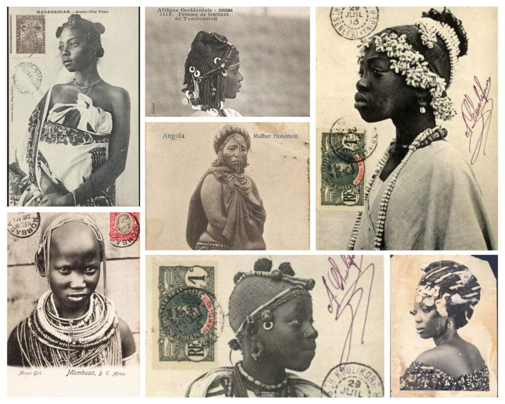 Different photos of african women as postcard during colonial times