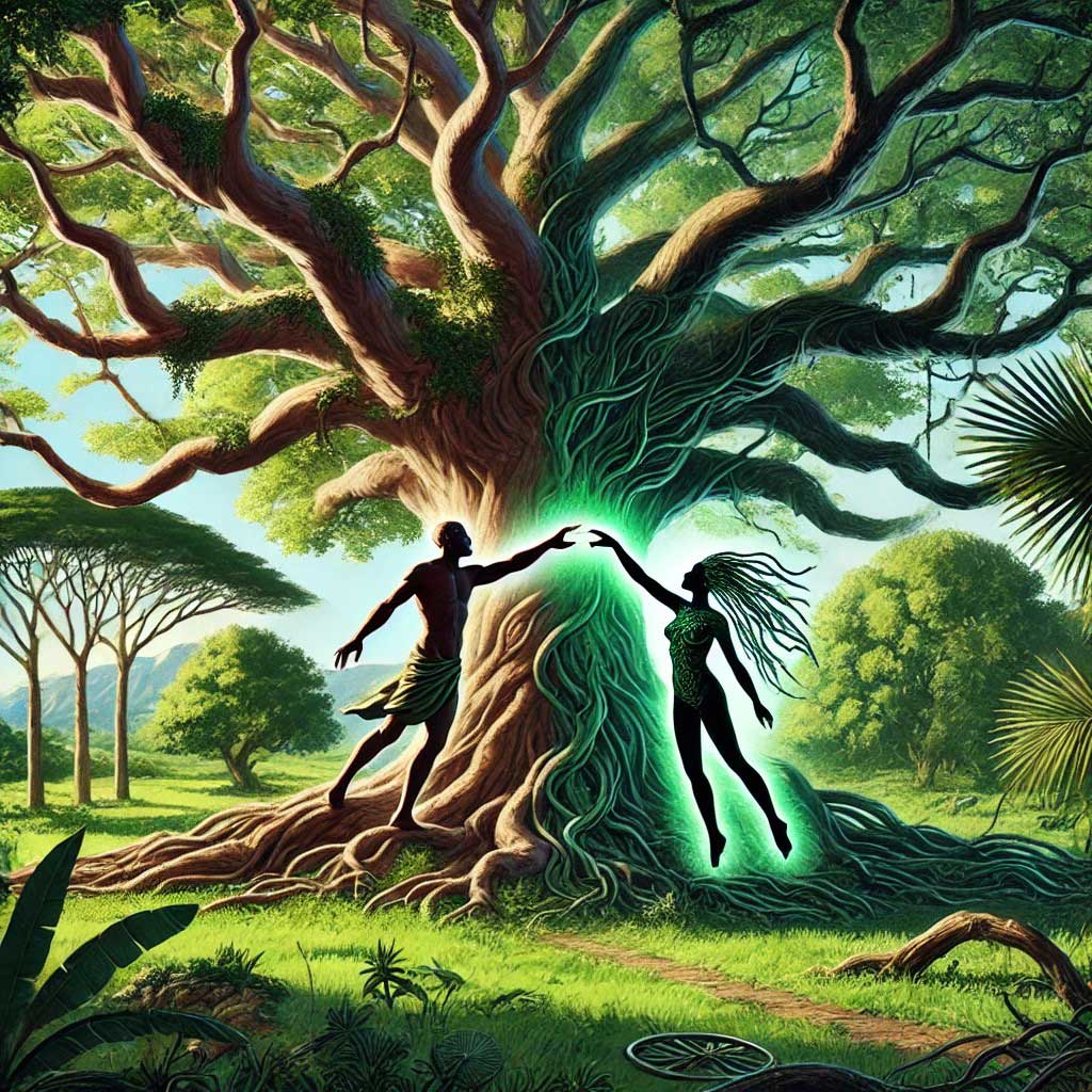 a man and a woman touching a tree. Symbolizing the separation of mahungu into Maloango and Ndumba-Madiku