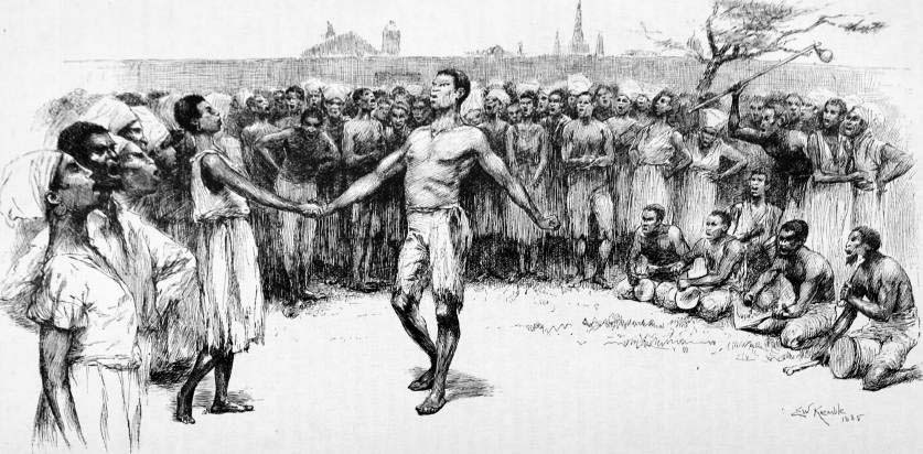 black and white painting of a group of slave dancing in the congo square