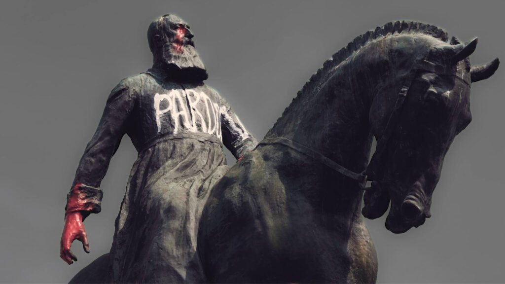 The vandalized statue of Leopold II, marked with 'PARDON'', and stained red to signify the blood of the Congolese, stands as a stark reminder of his brutal legacy in the Congo, highlighting the call for historical accountability and justice