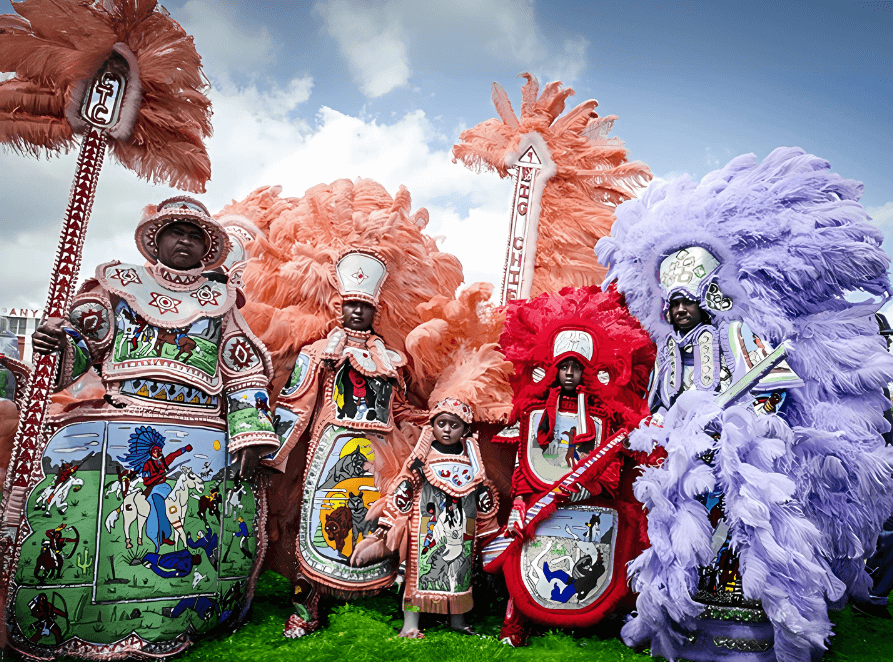 A picture of people in costume during the mardi gras indians, new orleans