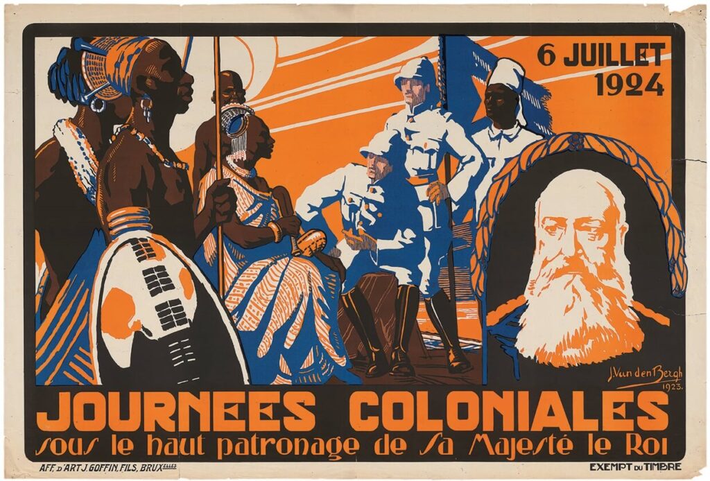 Explore a 1924 poster for 'Journées Coloniales', under royal patronage, depicting the cultural intersection of African tradition and European colonialism.