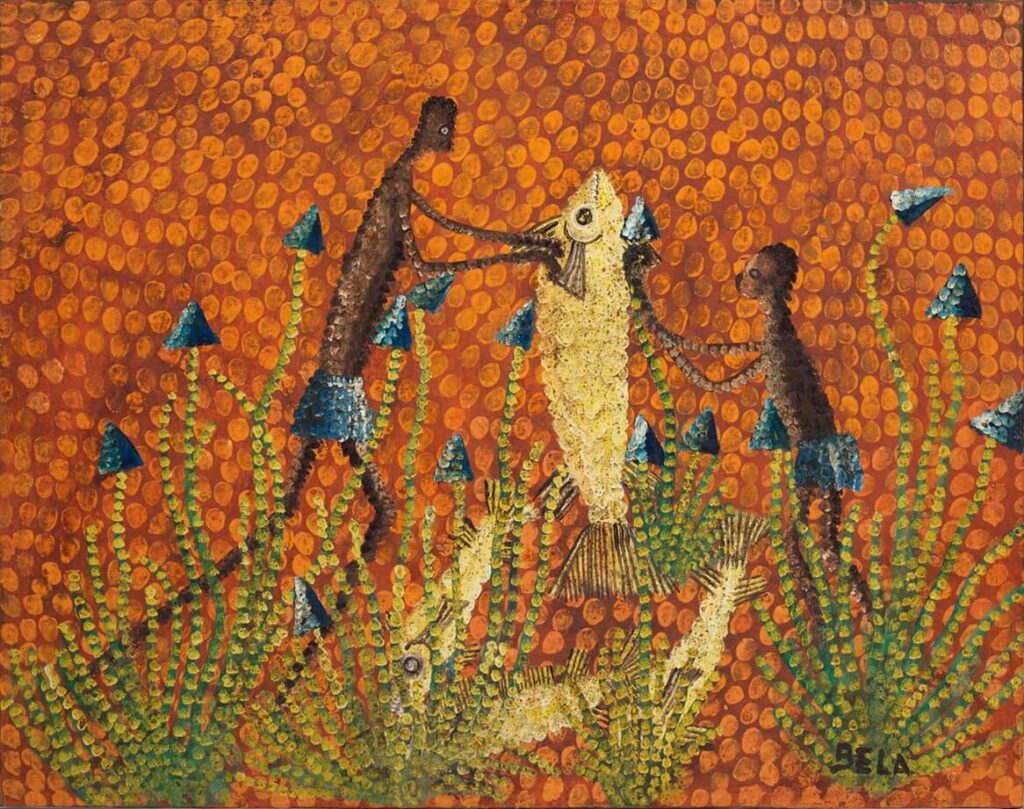 a painting of the congolese artist Bela Sara showing two fisher men and a big fish