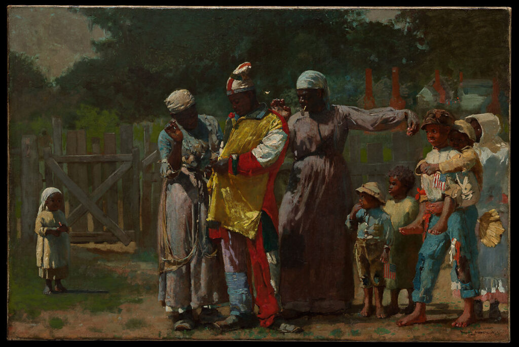 A painting of a family dressing for the black mardi gras in new orleans