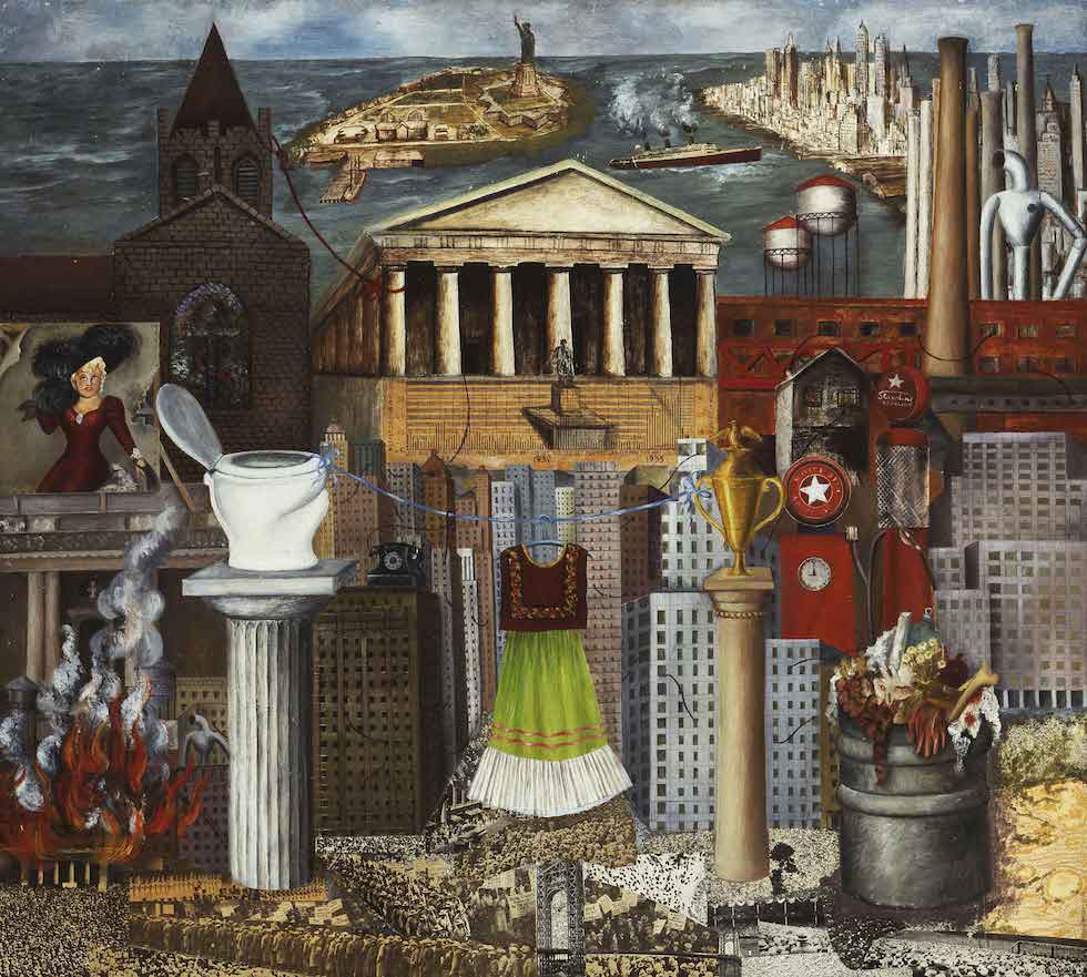 My Dress Hangs There" (1933) by Frida Kahlo juxtaposes a traditional Mexican dress against symbols of American industrialization, reflecting on themes of cultural identity, displacement, and the clash between tradition and modernity in the face of colonial influences.