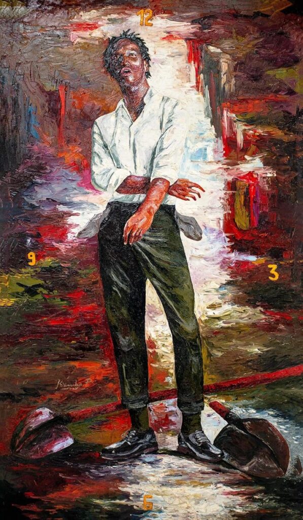 A painting showing a young guy from kinshasa with empty pockets. Realized by the congolese painter Phinet Kisimba