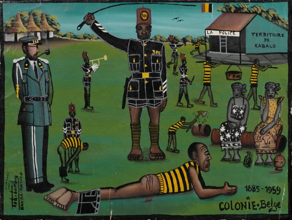 A painting showing the life of congolese under Belgian Colonization by tshibumba kanda-matulu the famous congolese artist