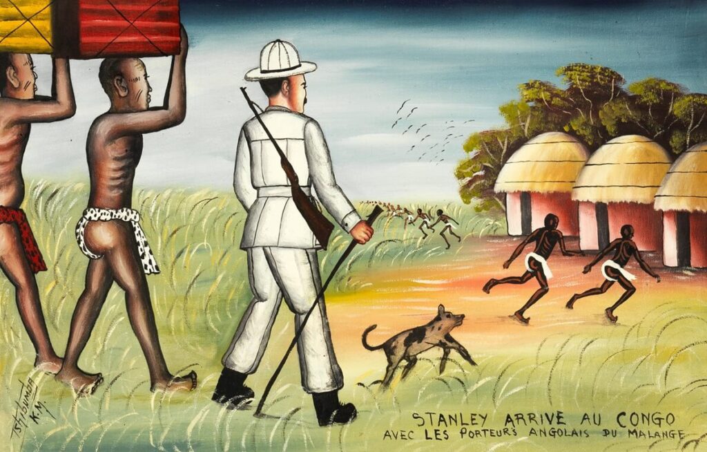 Painting by Tshibumba (TKM) showing the arrival of Stanley in Congo