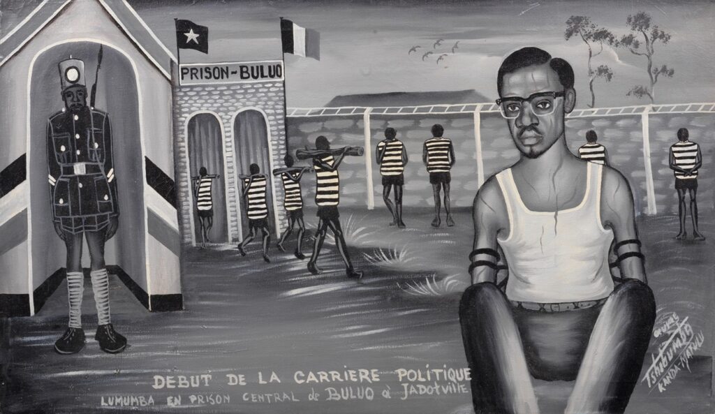 black and white painting by Tshibumba showing Patrice Lumumba in the buluo prison