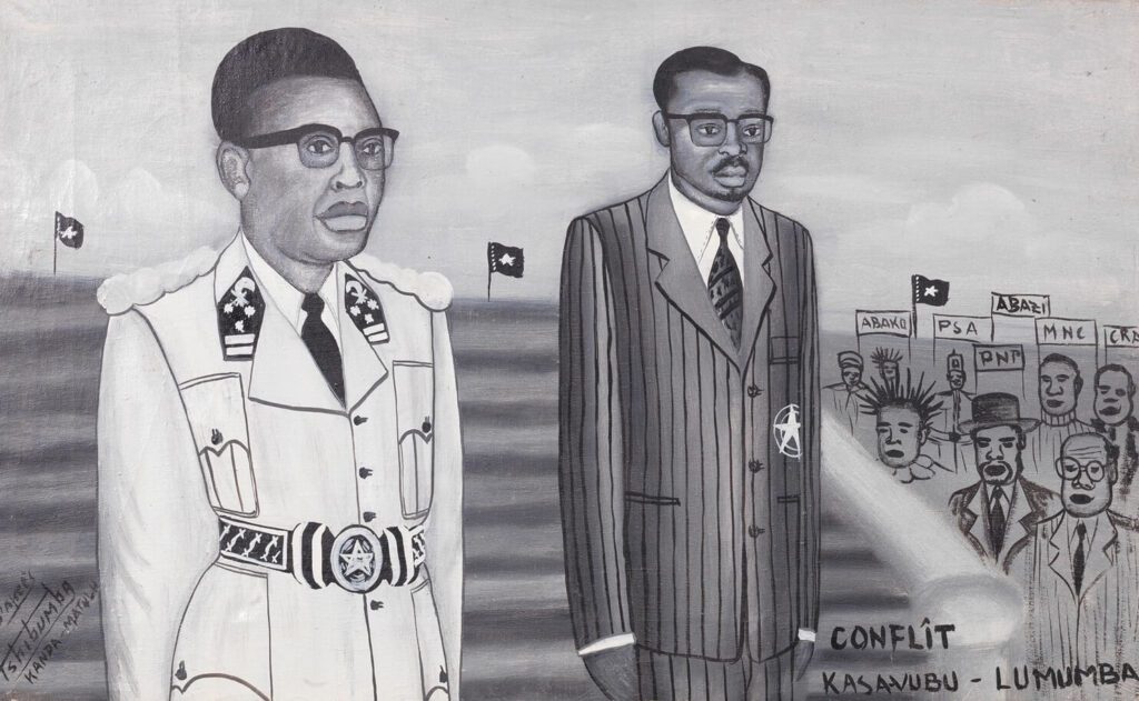 black and white painting of Kasavubu vs lumumba by tkm