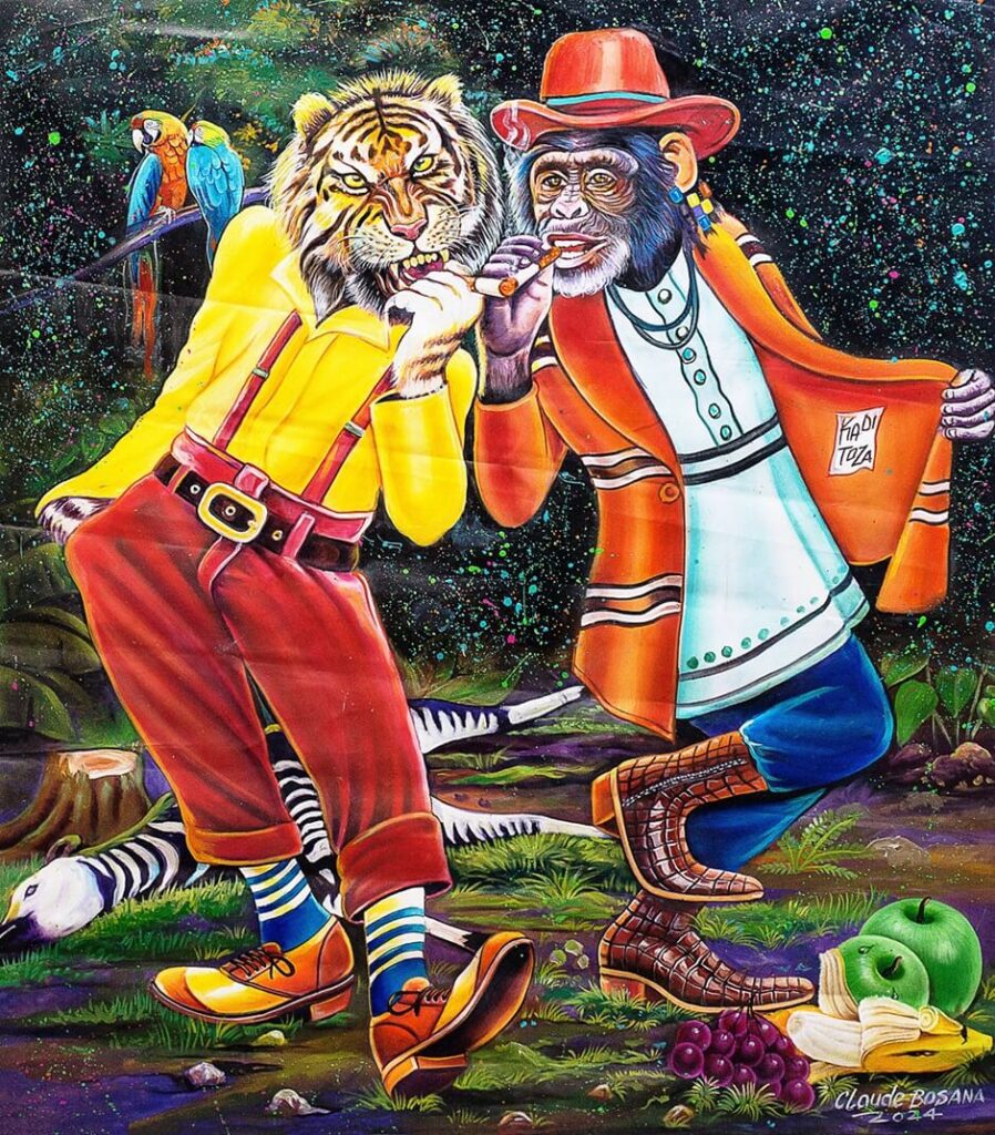 : Painting depicts a tiger and a bonobo sharing a cigarette, dressed in colorful casual wear. The tiger wears a yellow shirt with red suspenders, the bonobo a cowboy hat and orange jacket. Two macaws perch in the starry background, with fruits scattered on the ground. Both characters wear mismatched socks and leather shoes, painted in Bosana's vibrant, detailed style.