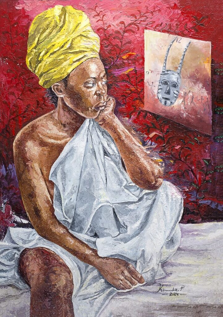 a painting with a woman in white cloth watching a mwanza mask. with a red background