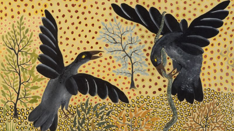 Famous painting by congolese painter Pilipili Mulongoy showing two black birds on a yellow red-dotted background