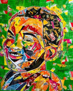 A collage and acrylic on canvas painting of a child's visage by the Congolese painter Joel Biembe. utilising recycled beverage labels.