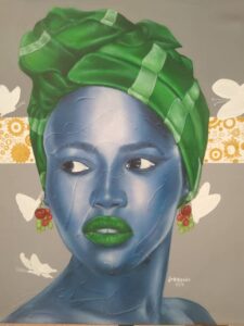 Vibrant painting by Loswa Kitenda, capturing a charmant congolese woman