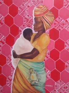 Vibrant painting by painter Loswa Kitenda, capturing a powerful congolese mama