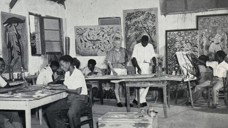 Pierre Romain-Desfossés and famous congolese painters at Le Hangar art workshop in Lubumbashi DRC