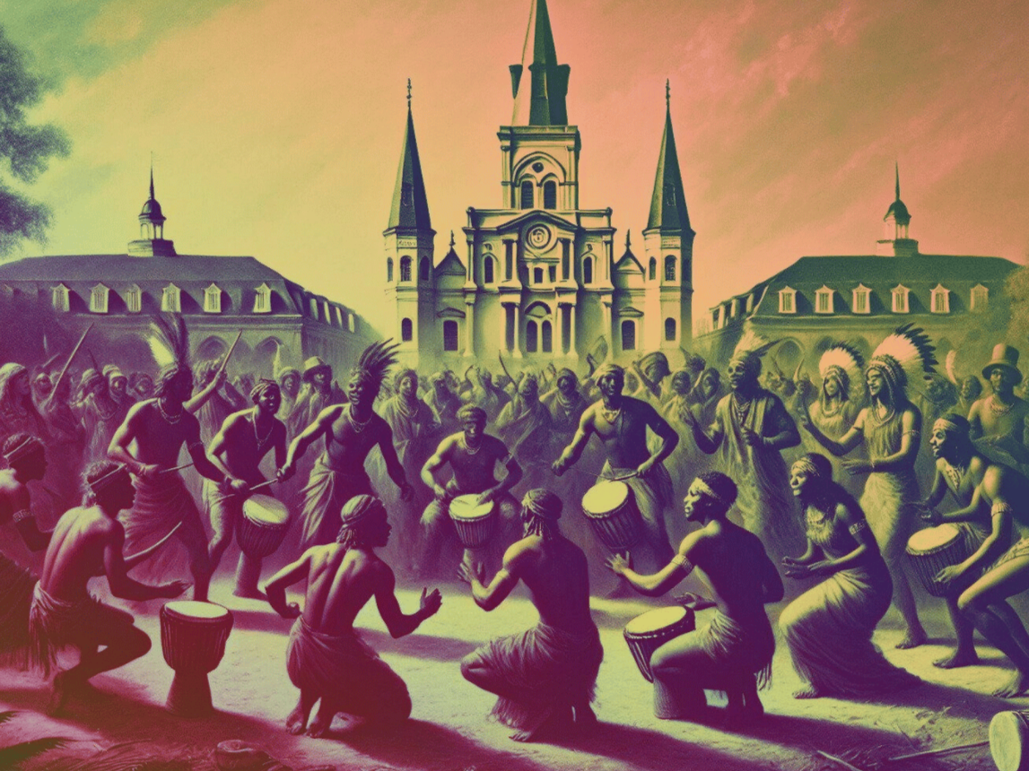 an Ai generated painting of African slaves from the kingdom of kongo dancing in the congo square