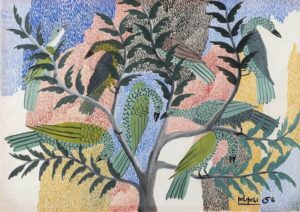 A vibrant painting by Congolese artist Pilipili Mulongoy depicting a group of stylized birds perched on a tree branch. The birds, painted in shades of green, yellow, and brown, display intricate feather patterns. The background consists of abstract, textured strokes in blue, red, and yellow, adding depth and contrast to the composition. The painting is signed "Pilipili 54" in the bottom right corner.