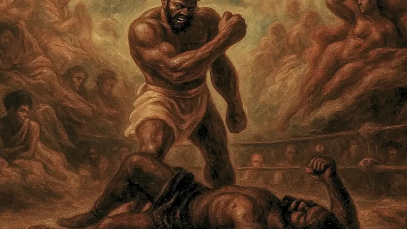 A painting of two titans at the end of battle — one lying defeated on the ground, the other standing triumphant above him.