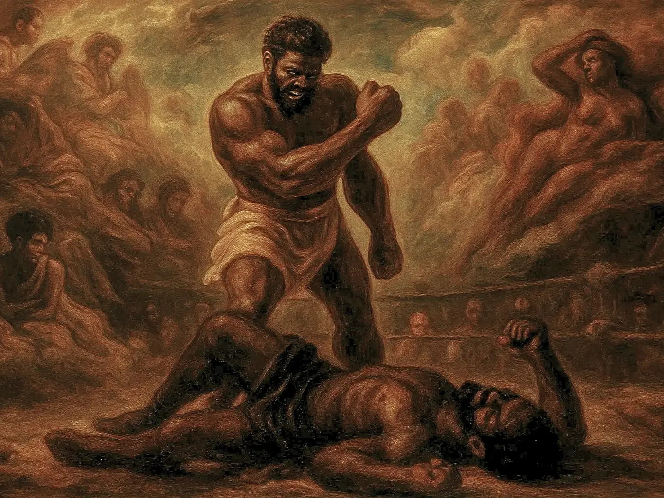 A painting of two titans at the end of battle — one lying defeated on the ground, the other standing triumphant above him.