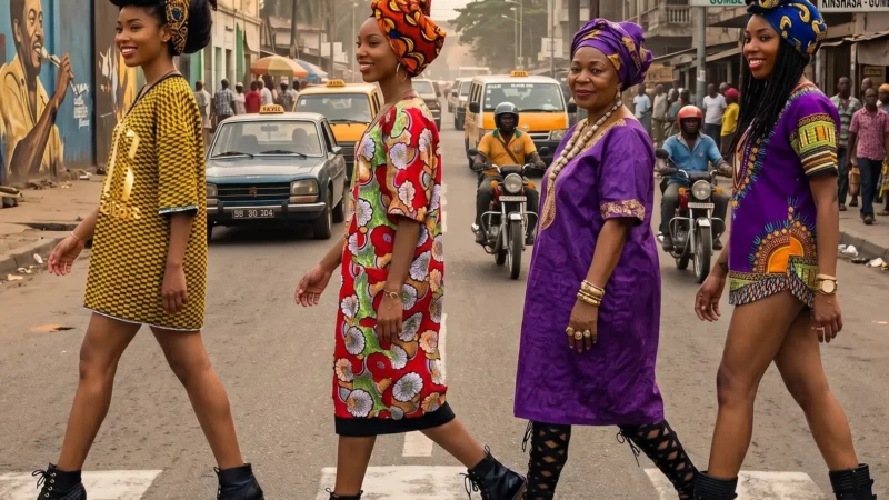 4 women wearing pagne in the streets of kinshasa