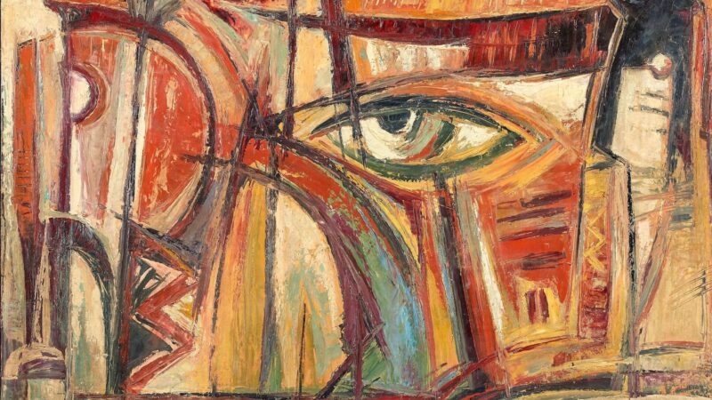 Roger Botembe's Oeil (2008): an eye set sideways in a web of ochre and rust, the instrument of his doctrine aimed at the viewer. From 'Roger Botembe and the Trans-Symbolic.'